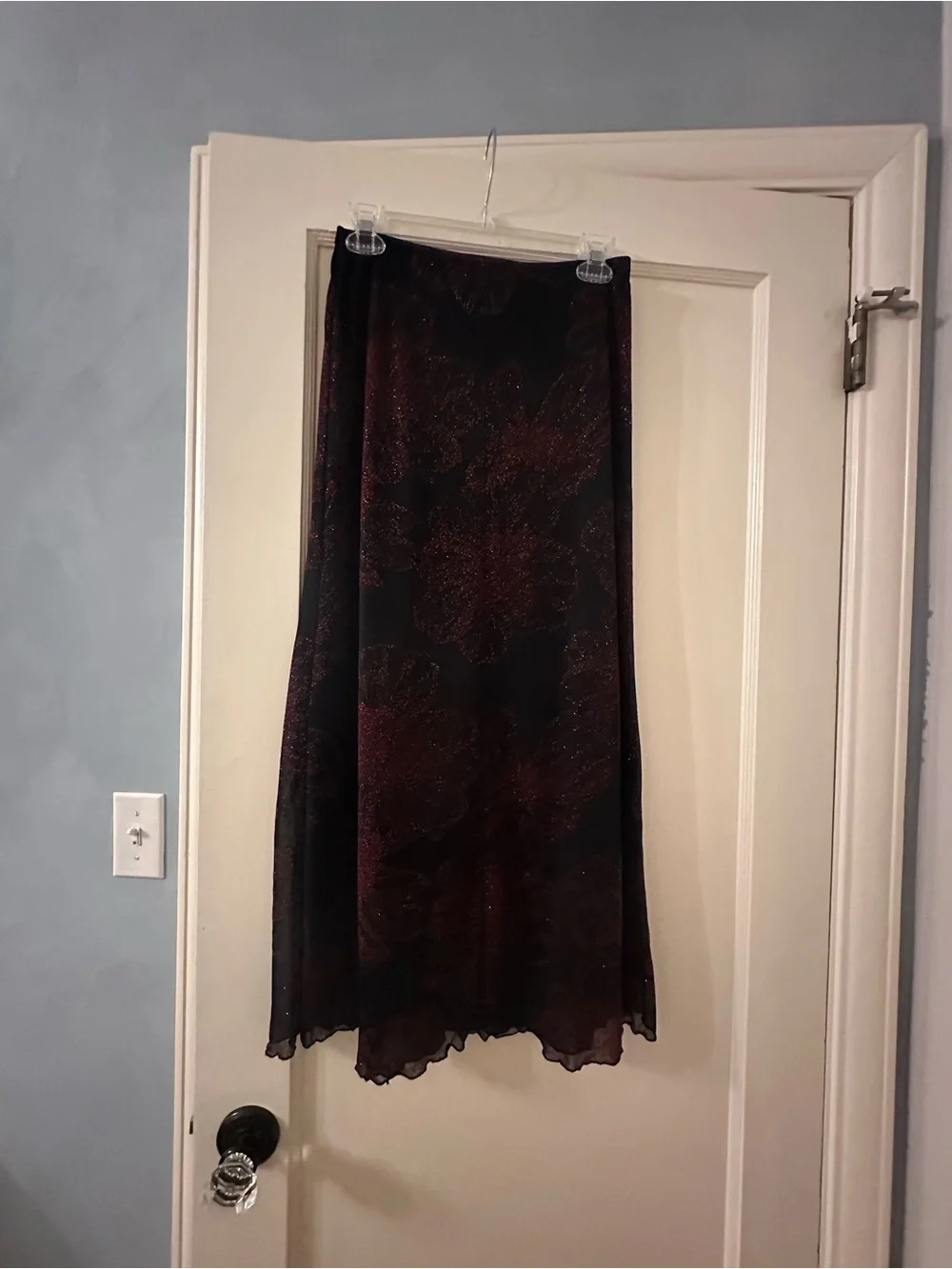 90’s Floral Lettuce Hem Black and Burgundy Maxi Skirt